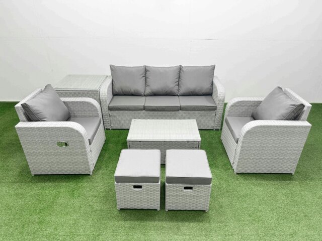 Rackhams PE Rattan Garden Furniture Set Reclining Chair Sofa Lounge Sofa Set Oblong Coffee Table Side Table 2 Small Stools Light Grey - image 1