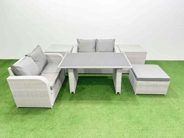 Rackhams 6 Pieces Outdoor PE Rattan Sofa Set Patio Garden Furniture Sets with Cushions 2 Side Tables Big Stool Light Grey - image 1