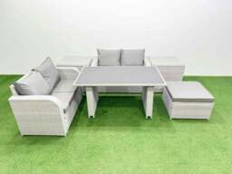 Rackhams 6 Pieces Outdoor PE Rattan Sofa Set Patio Garden Furniture Sets with Cushions 2 Side Tables Big Stool Light Grey