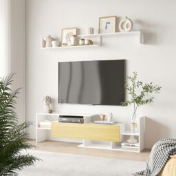 Rackhams TV Cabinet Unit w/ Wall-Mounted Shelf, Open Shelves White and Natural - White and Natural - thumbnail 1