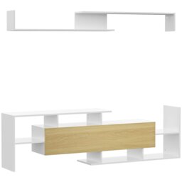 Rackhams TV Cabinet Unit w/ Wall-Mounted Shelf, Open Shelves White and Natural - White and Natural - thumbnail 2