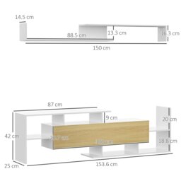 Rackhams TV Cabinet Unit w/ Wall-Mounted Shelf, Open Shelves White and Natural - White and Natural - thumbnail 5