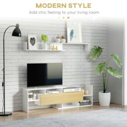 Rackhams TV Cabinet Unit w/ Wall-Mounted Shelf, Open Shelves White and Natural - White and Natural - thumbnail 3