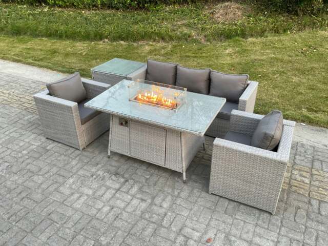 Rackhams Light Grey Corner Rattan Garden Furniture Set Gas Fire Pit Dining Set Heater Lounge Sofa Side Coffee Table Armchairs - image 1