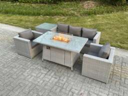 Rackhams Light Grey Corner Rattan Garden Furniture Set Gas Fire Pit Dining Set Heater Lounge Sofa Side Coffee Table Armchairs - thumbnail 1
