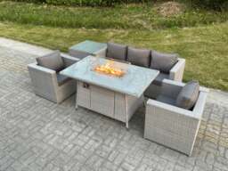 Rackhams Light Grey Corner Rattan Garden Furniture Set Gas Fire Pit Dining Set Heater Lounge Sofa Side Coffee Table Armchairs - thumbnail 2