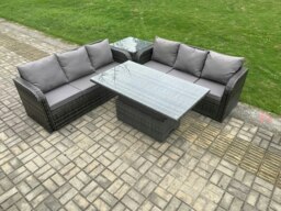 Rackhams Outdoor Rattan Garden Furniture Lounge Sofa Set with Height Adjustable Rising lifting Dining Table Dark Grey Mixed - thumbnail 2