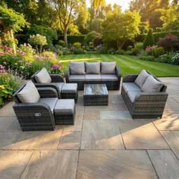 Rackhams 9 Seater Rattan Garden Furniture Set with 2 Sofas, 2 Chairs, Coffee Table & 2 Small Footstools - Dark Grey Mixed - thumbnail 1