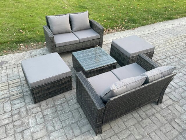 Rackhams Rattan Garden Furniture Set 5 piece Patio Rattan Furniture Sofa Weaving Wicker includes 2 Double Seat Sofa, Coffee Table and 2 Big Footstool - image 1