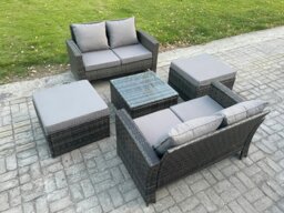 Rackhams Rattan Garden Furniture Set 5 piece Patio Rattan Furniture Sofa Weaving Wicker includes 2 Double Seat Sofa, Coffee Table and 2 Big Footstool - thumbnail 1