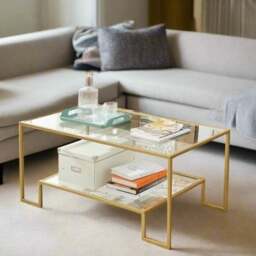 Rackhams Modern Glass Coffee Table with Storage – Gold Steel Frame, Tempered Glass Shelves