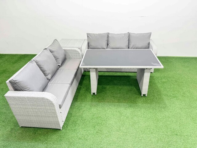 Rackhams 6 Seater Rattan Outdoor Dining Table 3 Seater Sofa Set with Side Table Light Grey - image 1