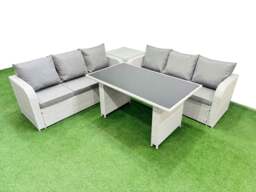 Rackhams 6 Seater Rattan Outdoor Dining Table 3 Seater Sofa Set with Side Table Light Grey - thumbnail 2