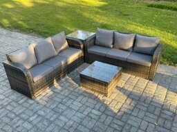 Rackhams Indoor Outdoor Rattan Garden Furniture 6 Seater Set Table Sofa Chair Patio Conservatory with Grey Cushions Side Table