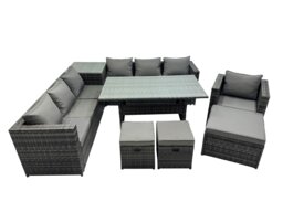 Rackhams 10 Seater Outdoor Corner Sofa Chair Dining Table Set Garden Rattan Furniture Set with Side Table 3 Stools Dark Grey - thumbnail 2
