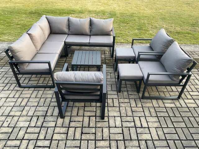 Rackhams 10 Seater Outdoor Aluminium Garden Furniture Set Corner Lounge Sofa Set with Square Coffee Table Chair 2 Small Footstools Dark Grey