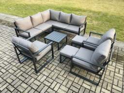 Rackhams 10 Seater Outdoor Aluminium Garden Furniture Set Corner Lounge Sofa Set with Square Coffee Table Chair 2 Small Footstools Dark Grey - thumbnail 2