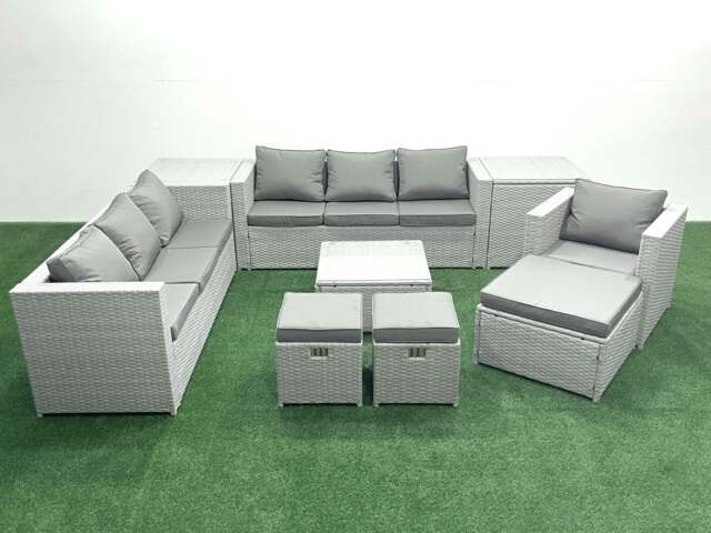 Rackhams Wicker PE Rattan Sofa Garden Furniture Set with Armchair Square Coffee Table 3 Footstools 2 Side Tables Light Grey Mixed - image 1