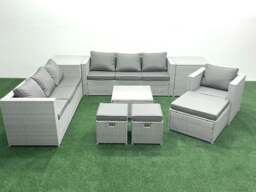 Rackhams Wicker PE Rattan Sofa Garden Furniture Set with Armchair Square Coffee Table 3 Footstools 2 Side Tables Light Grey Mixed - thumbnail 2