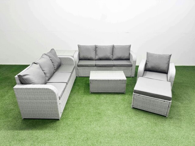 Rackhams 8 Seater Poly Rattan Outdoor Garden Furniture Sofa Set Patio 3 Seater Sofa Reclining Chair 3 Seater Sofa Big Footstool Side Table Light Grey - image 1