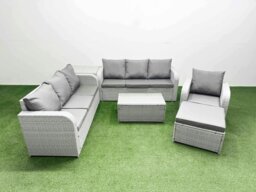 Rackhams 8 Seater Poly Rattan Outdoor Garden Furniture Sofa Set Patio 3 Seater Sofa Reclining Chair 3 Seater Sofa Big Footstool Side Table Light Grey - thumbnail 1