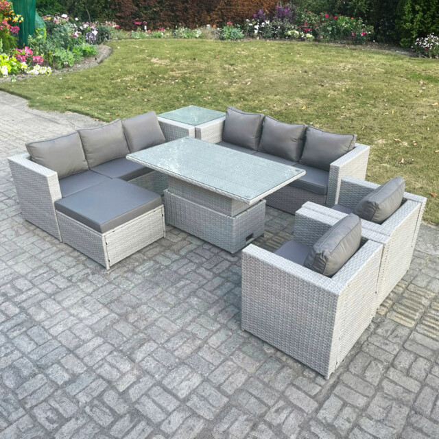 Rackhams Rattan Garden Sofa Dining Set with Adjustable Rising Table, Lounge Chair, Side Table & Footstool - image 1