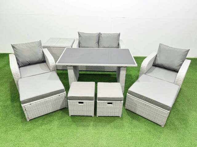 Rackhams 8 Seater Patio Garden Furniture Sets with Dining Table Love Sofa Side Table 4 Stools Light Grey - image 1