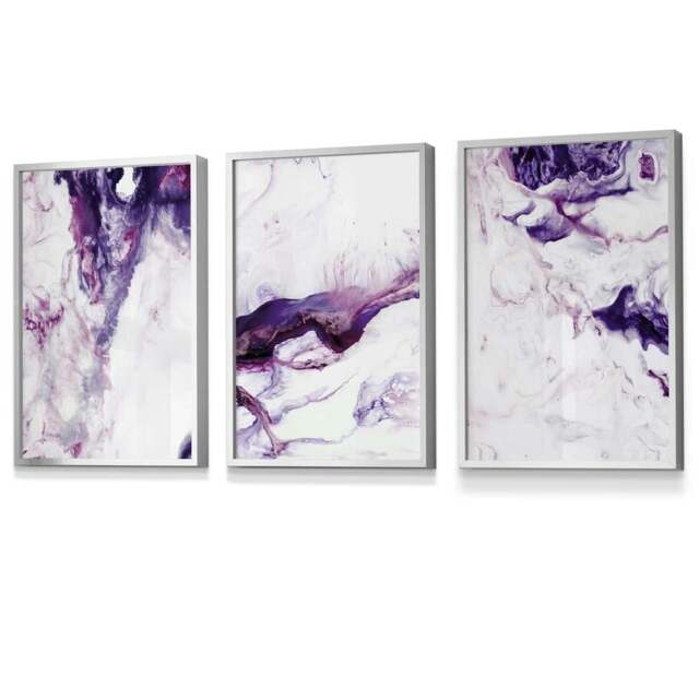 Rackhams Set of 3 Purple Pink Abstract Waves Framed Wall Art - 30x42cm (A3) - Silver - image 1
