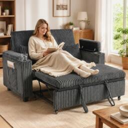 Rackhams 2 Seater Sofa Bed, 3-in-1 Corduroy Pull Out Sleeper Sofa, Dark Grey