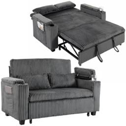 Rackhams 2 Seater Sofa Bed, 3-in-1 Corduroy Pull Out Sleeper Sofa, Dark Grey - thumbnail 2