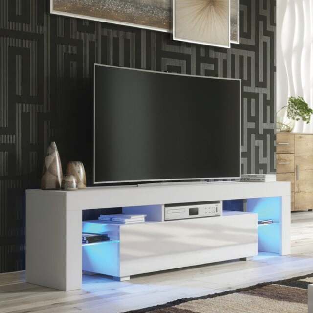 Rackhams Chic 160cm TV Unit – Modern TV Stand Cabinet with White High Gloss Doors and Free LED - 160 cm - 1 -  MDF/Chipboard - image 1