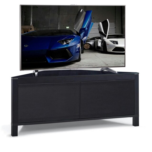 "Rackhams VOLANS Black Tru-Corner Remote Friendly Doors Black/Walnut Reversible Panel Flat Screen TV up to 42"" Corner TV Cabinet" - image 1