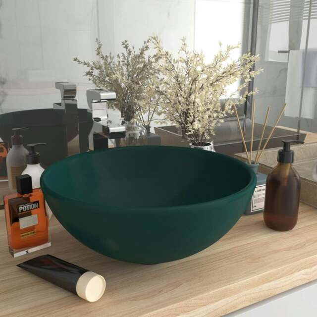 Rackhams Luxury Bathroom Basin Round Matt Dark Green 32.5x14 cm Ceramic