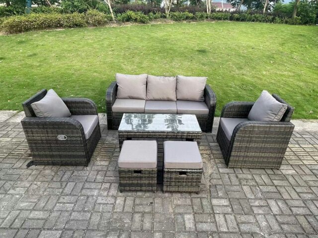 Rackhams 7 Seat PE Rattan Garden Furniture Set Adjustable Chair Lounge Sofa Set Oblong Coffee Table Stools Dark Grey Mixed - image 1