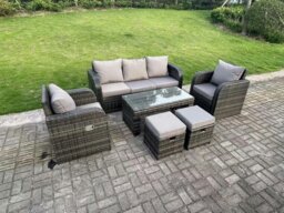 Rackhams 7 Seat PE Rattan Garden Furniture Set Adjustable Chair Lounge Sofa Set Oblong Coffee Table Stools Dark Grey Mixed - thumbnail 2