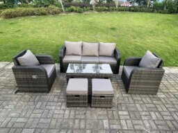 Rackhams 7 Seat PE Rattan Garden Furniture Set Adjustable Chair Lounge Sofa Set Oblong Coffee Table Stools Dark Grey Mixed - thumbnail 1