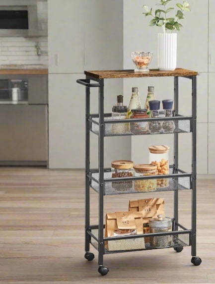 Rackhams Slim 4-Shelf Rolling Trolley, Space-Saving Kitchen Cart with Wheels, Rustic Brown and Black - image 1