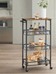 Rackhams Slim 4-Shelf Rolling Trolley, Space-Saving Kitchen Cart with Wheels, Rustic Brown and Black