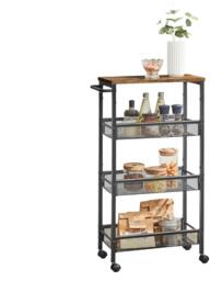 Rackhams Slim 4-Shelf Rolling Trolley, Space-Saving Kitchen Cart with Wheels, Rustic Brown and Black - thumbnail 5