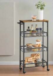 Rackhams Slim 4-Shelf Rolling Trolley, Space-Saving Kitchen Cart with Wheels, Rustic Brown and Black - thumbnail 6