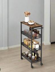 Rackhams Slim 4-Shelf Rolling Trolley, Space-Saving Kitchen Cart with Wheels, Rustic Brown and Black - thumbnail 2