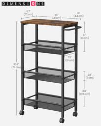 Rackhams Slim 4-Shelf Rolling Trolley, Space-Saving Kitchen Cart with Wheels, Rustic Brown and Black - thumbnail 3