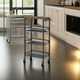 Rackhams Slim 4-Shelf Rolling Trolley, Space-Saving Kitchen Cart with Wheels, Rustic Brown and Black - thumbnail 4
