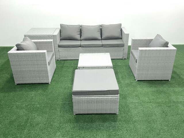 Rackhams 6 Seater Rattan Garden Furniture Set with 3 Seater Sofa 2 Chair Square Coffee Table Big Footstool Side Table Light Grey Mixed - image 1