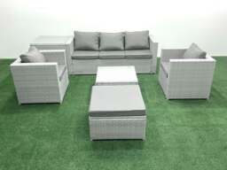 Rackhams 6 Seater Rattan Garden Furniture Set with 3 Seater Sofa 2 Chair Square Coffee Table Big Footstool Side Table Light Grey Mixed - thumbnail 2