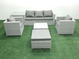 Rackhams 6 Seater Rattan Garden Furniture Set with 3 Seater Sofa 2 Chair Square Coffee Table Big Footstool Side Table Light Grey Mixed - thumbnail 1