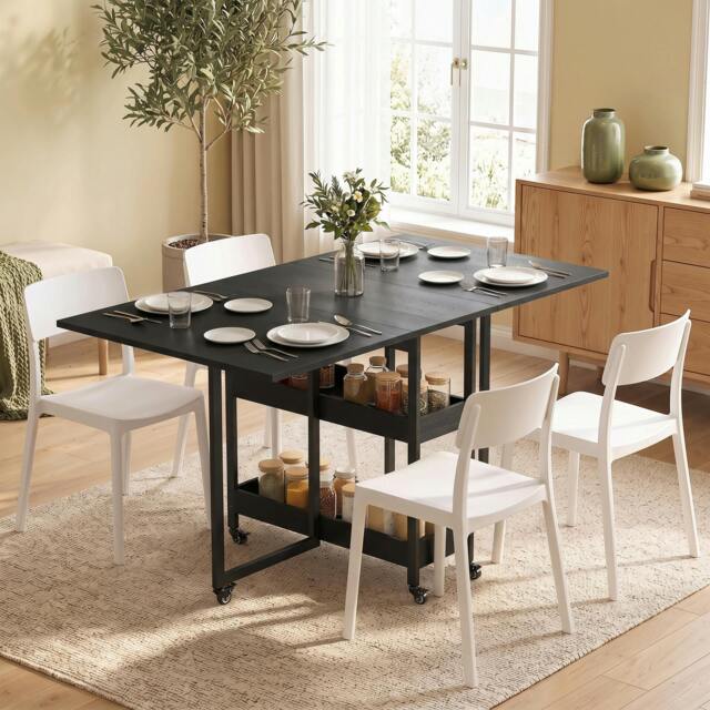 Rackhams Folding Dining Table, Drop Leaf Table w/ Open Compartments - Black - image 1
