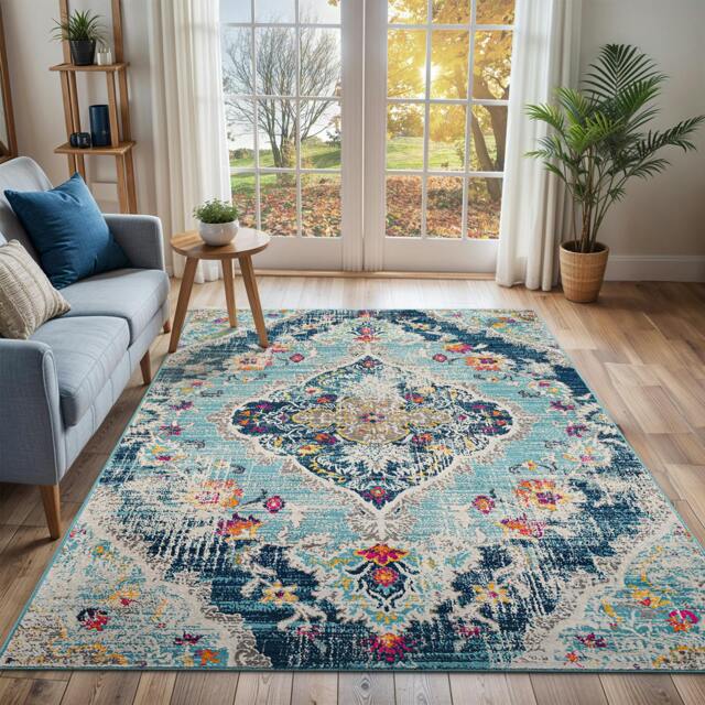 Rackhams Floransa-Vintage Blue Beige Grey Pink Traditional Boho Rug - 200 x 275 cm - image 1