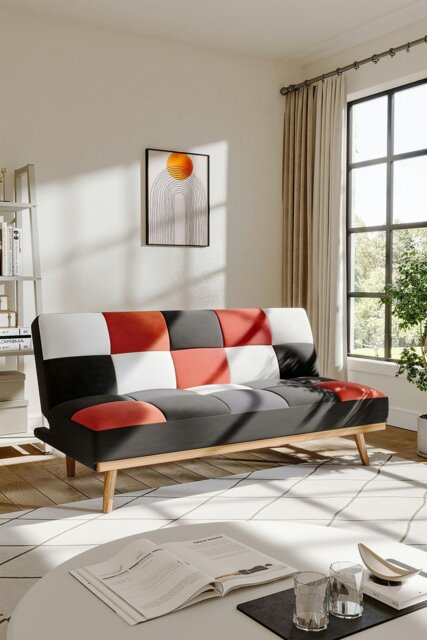 Rackhams 2-Seater Multicolour Checkered Sofa Bed - Red - image 1