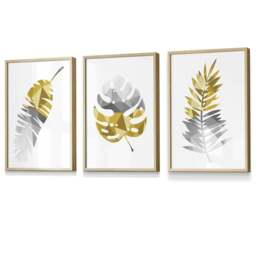 Rackhams Set of 3 Geometric Yellow Grey Tropical Leaves Wall Art Framed / Prints - 42x59cm (A2) - Light Oak - thumbnail 1